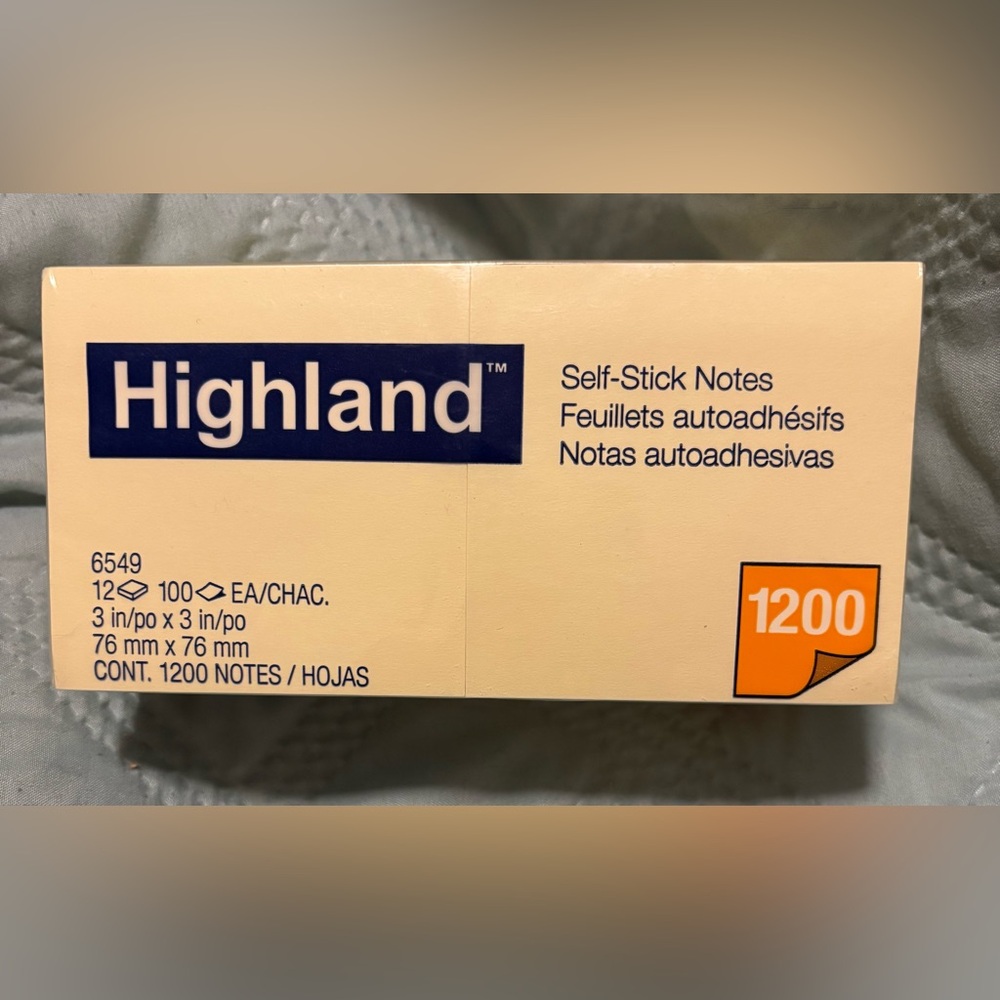 3M Highland Self-Stick Notes (12 Pads@100 Sheets 3”X3”)